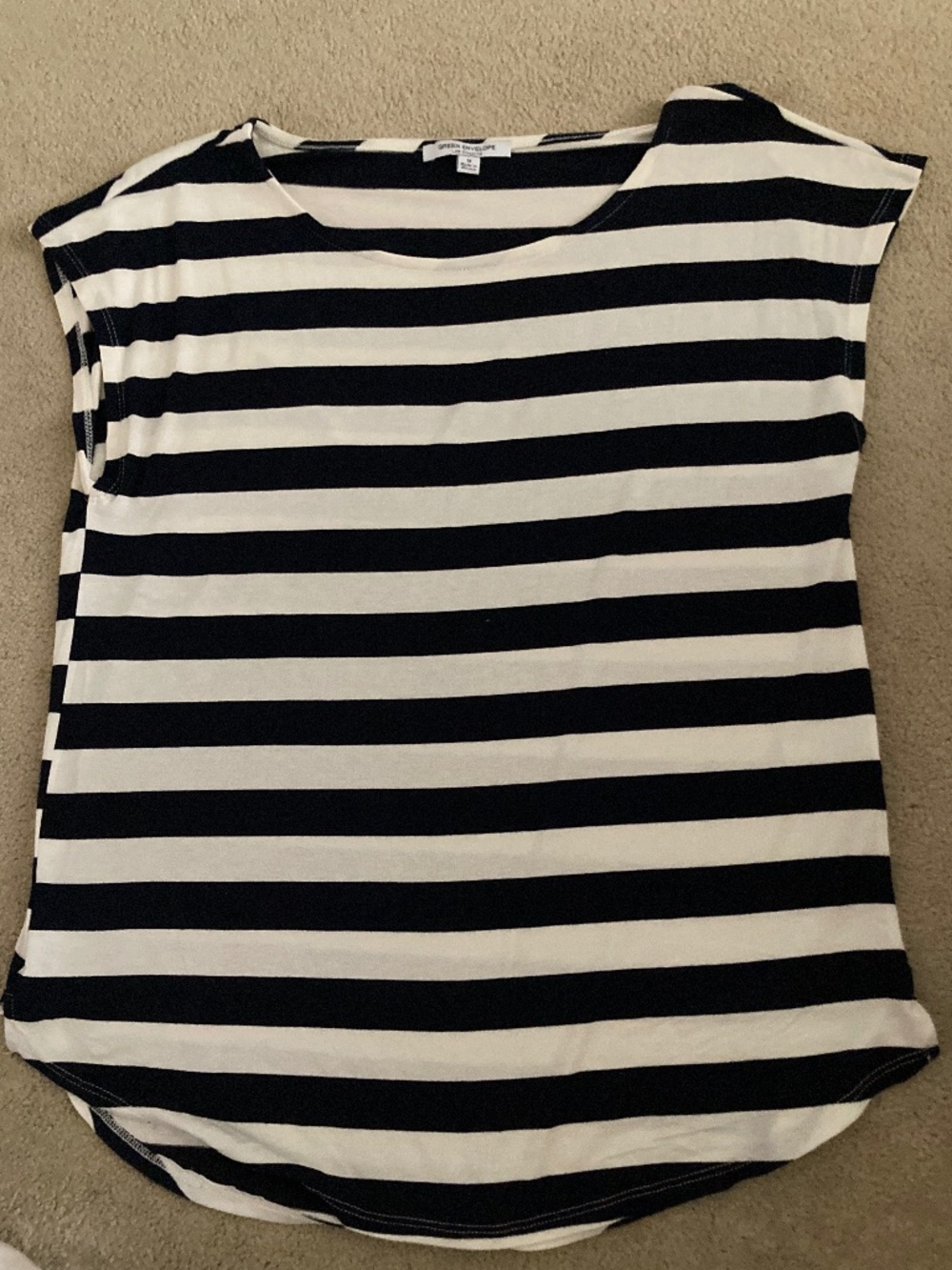 Green Envelope Casual Couture Navy Blue & White Striped Top